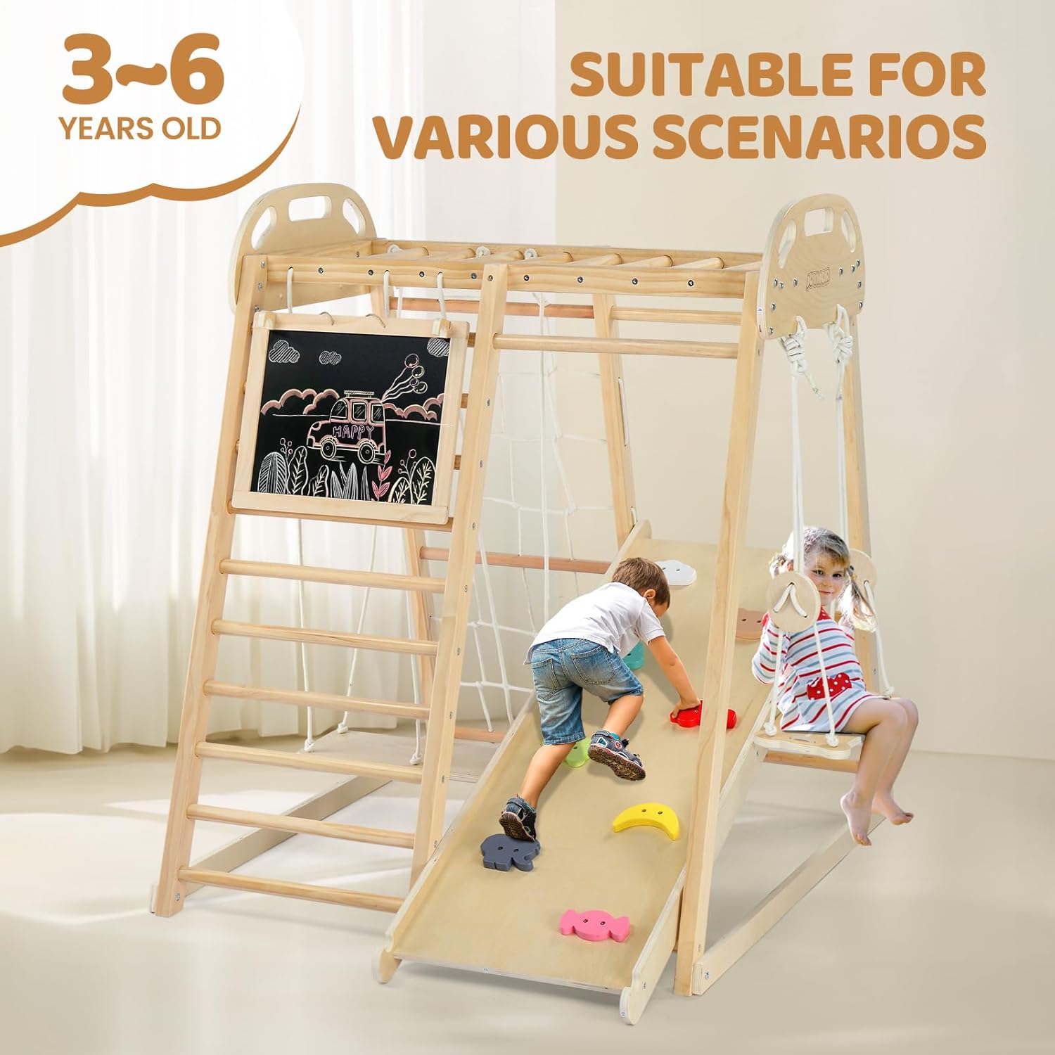 8-in-1 Indoor Jungle Gym for Kids and Toddlers with Hanging-Bridge and Swing, Wooden Indoor Playground with Slide