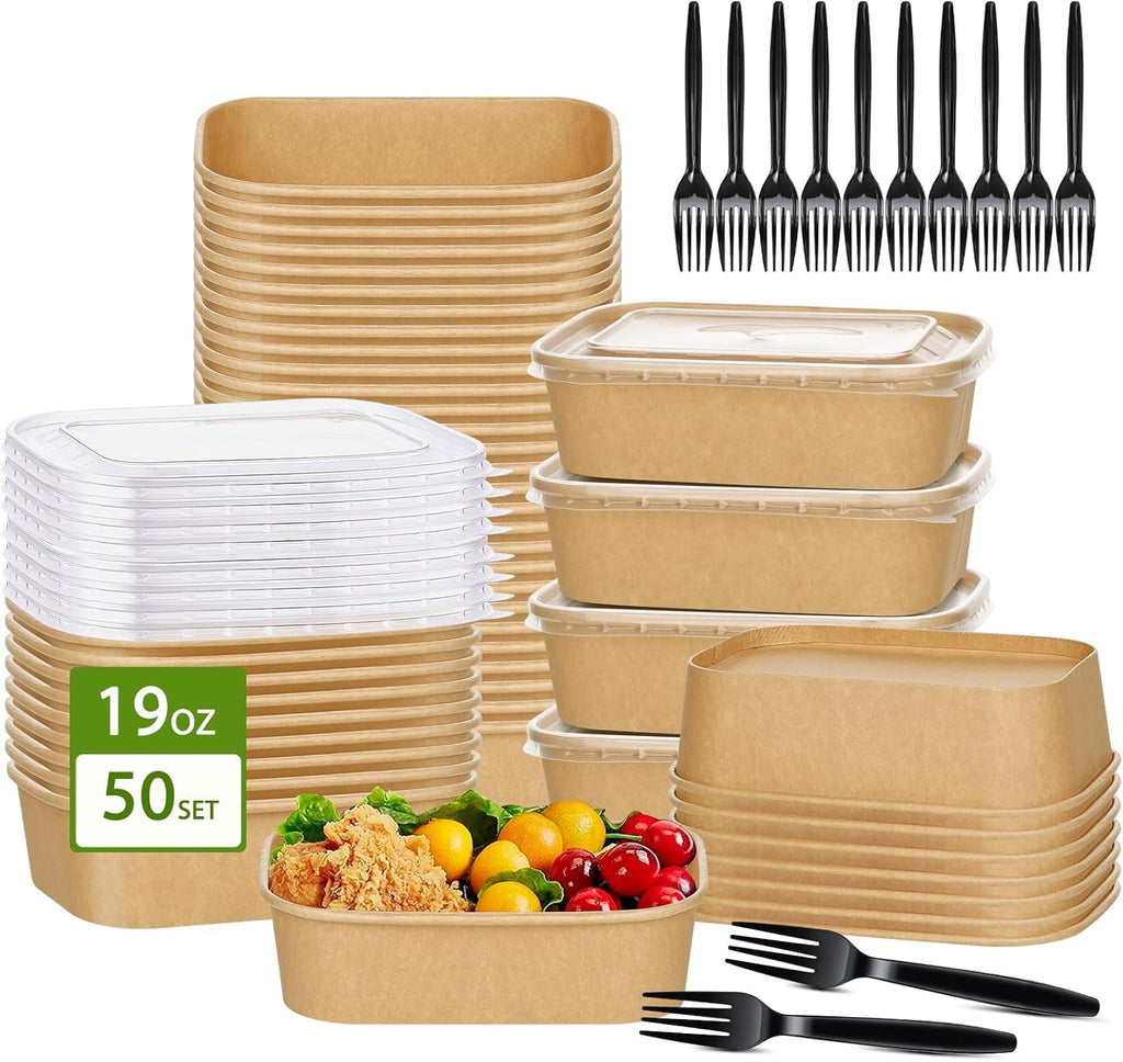 50 Disposable Meal Prep Containers 19oz Kraft Paper Bowls with Lids & Forks