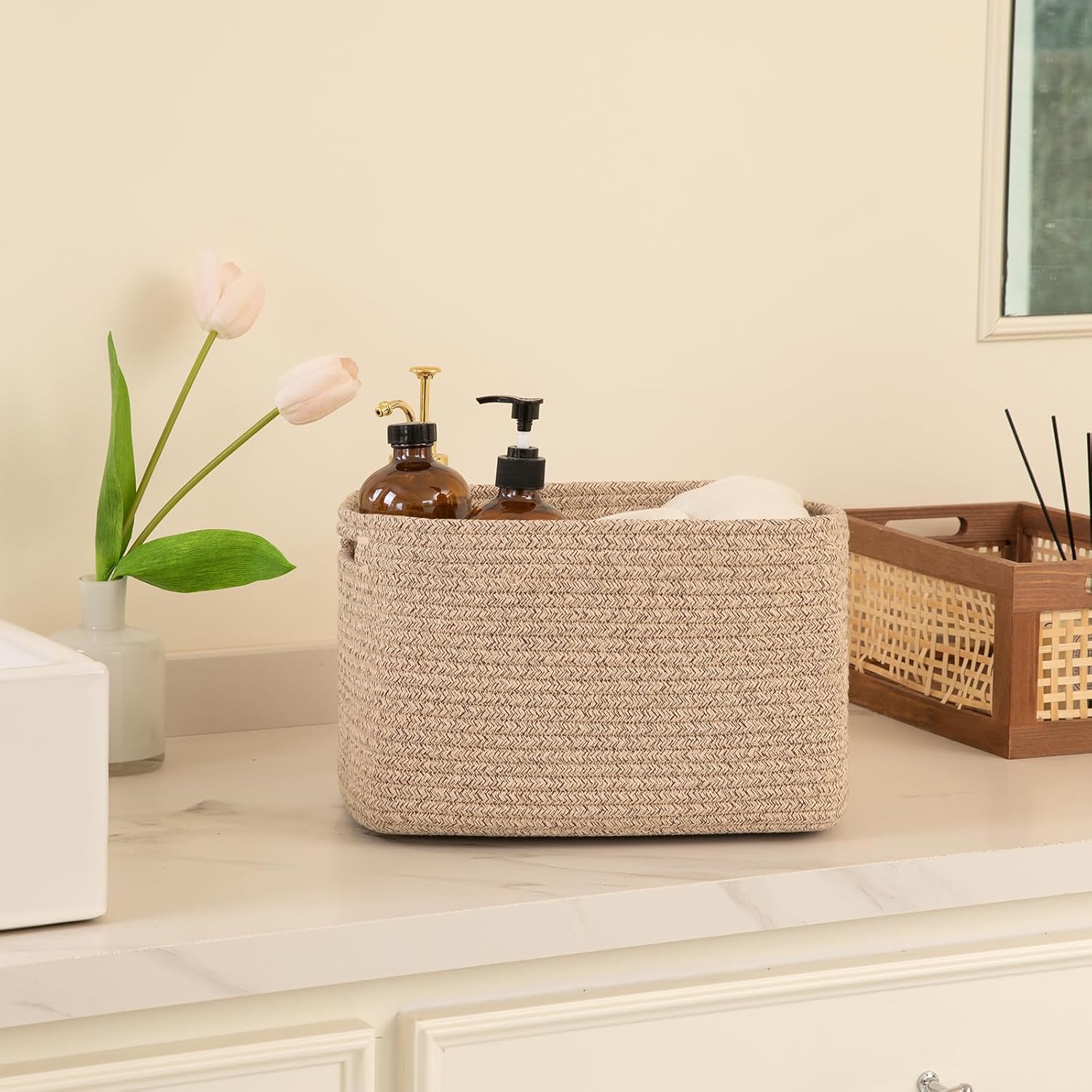 4 Pack Storage Baskets for Organizing, Cube Storage Bins for Shelves, Rectangle Storage Baskets With Handles, Woven