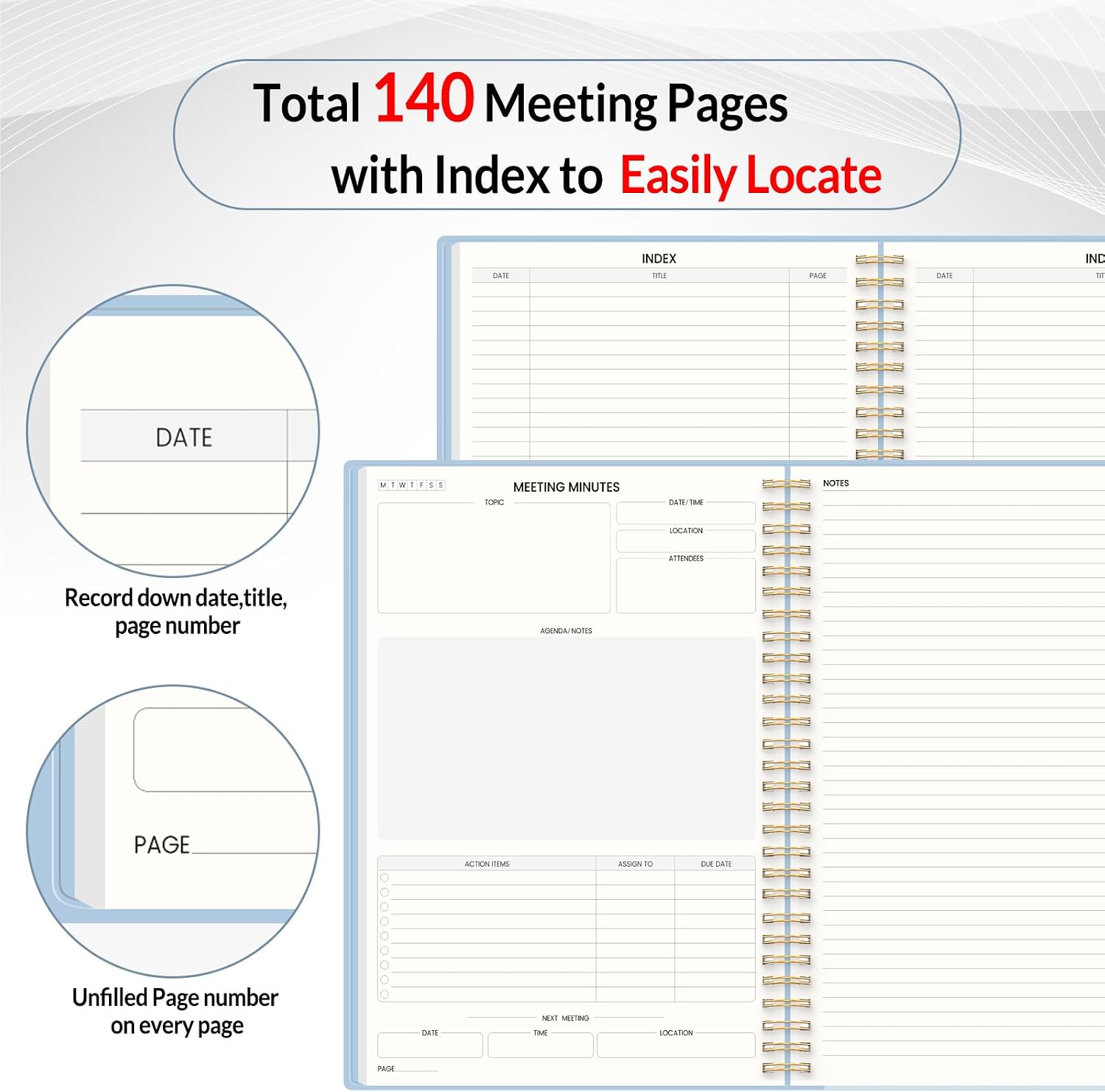 Half Meeting Half Note 7"x10" Notebook for Work – 140 Pages, B5 Size Project Planner for Women&Men, Minutes Organizer