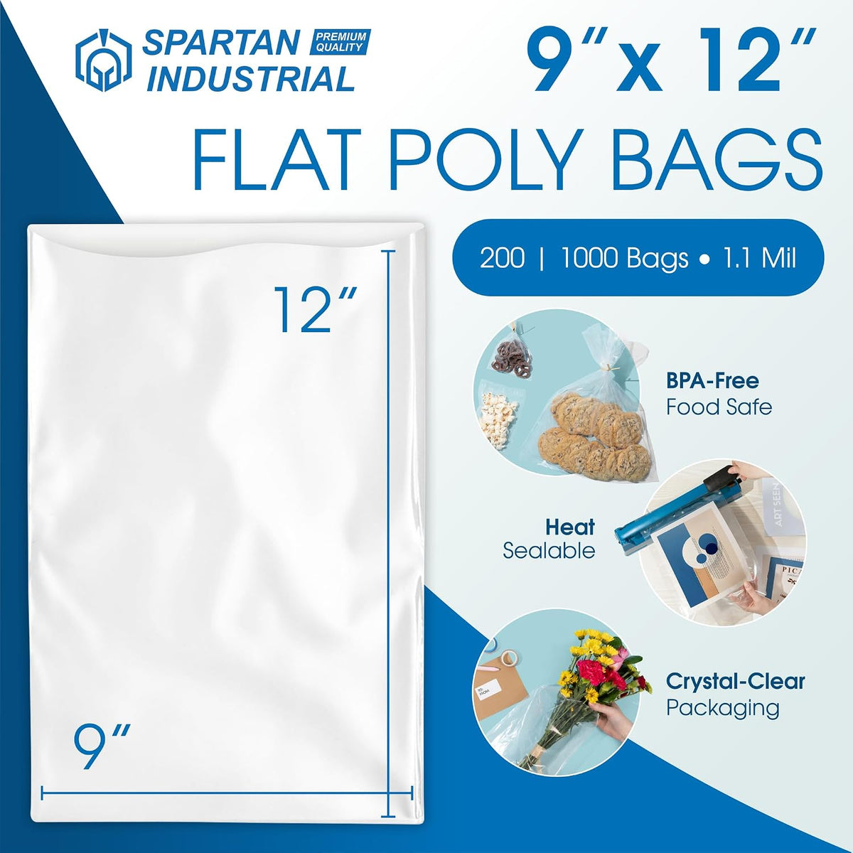 9x12 Clear Poly Bags, 200 Count - Open-End Flat 1.1 Mil, Spartan Industrial