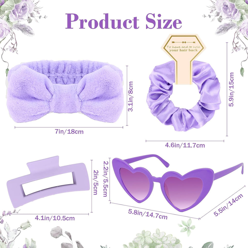 4 Pcs purple Bridesmaid Proposal Gifts Bridesmaid Spa Headband, Hair Claw Clips, Heart Shaped Sunglasses and Smooth