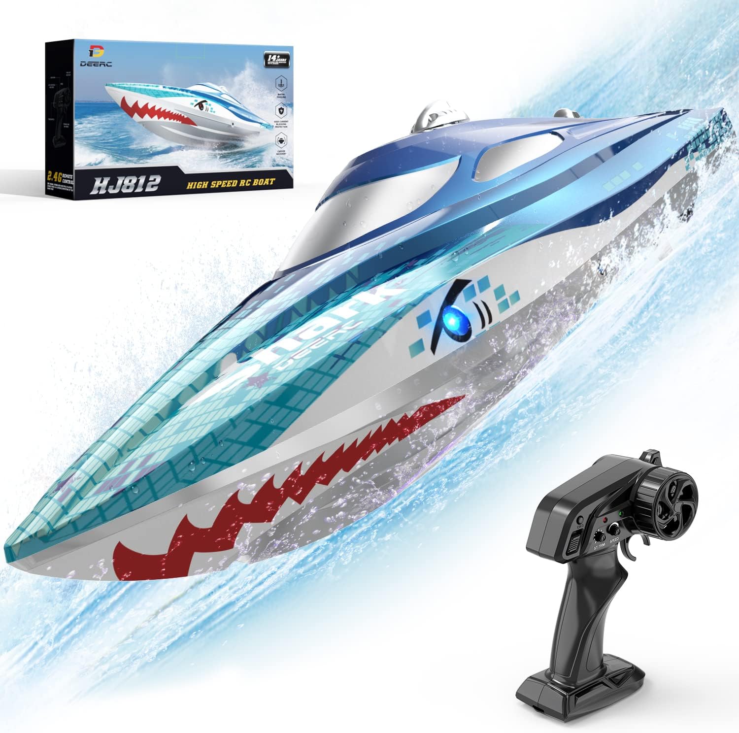 High-Speed RC Boat, 20+ MPH, Fast Remote Control Shark Racing Boat | Full Proportional, 2.4GHz Speedboat with LED