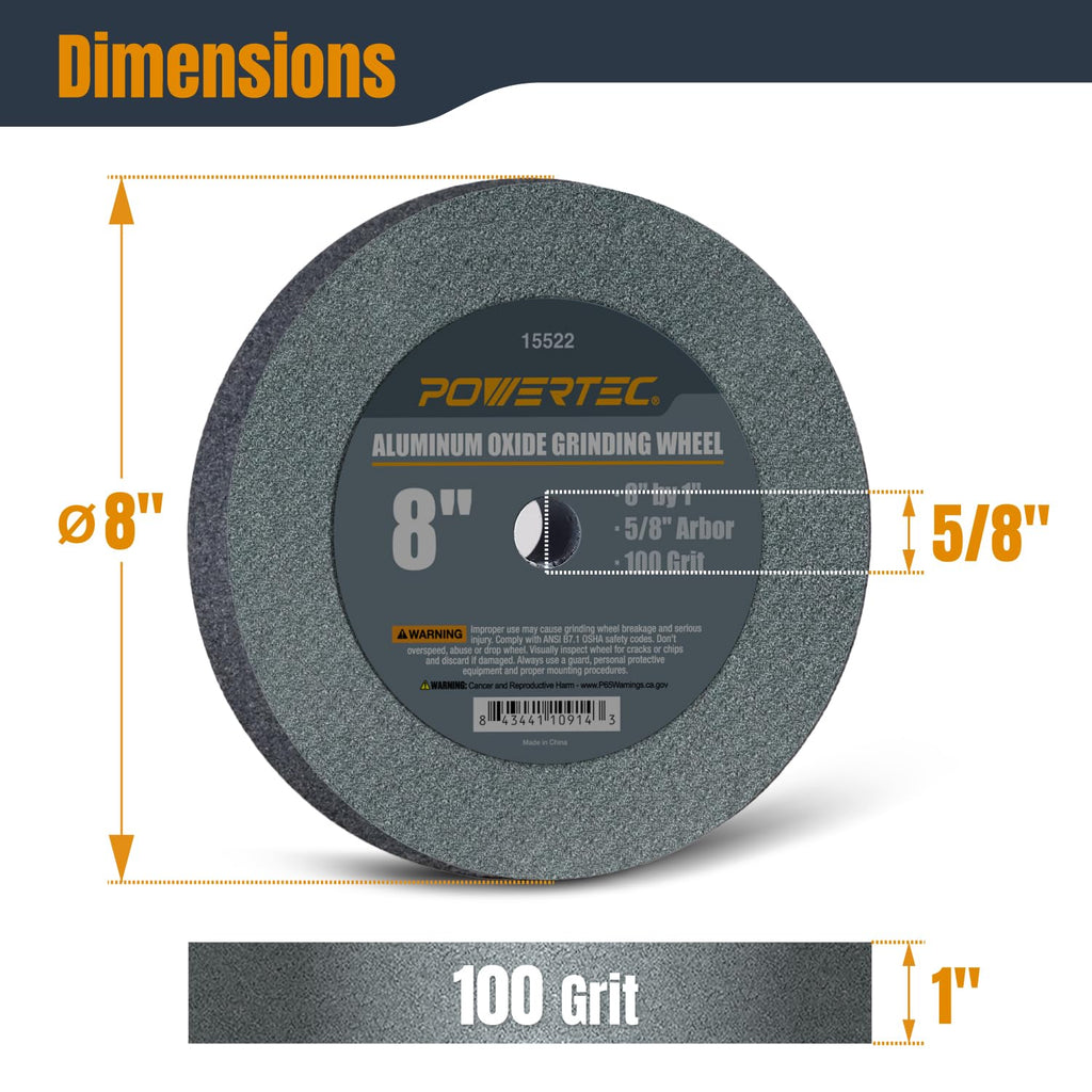 POWERTEC Bench Grinder Wheel, 8 Inch Grinding Wheel 100 Grit, Aluminum Oxide, 8 Bench Grinder Wheels for Pedestal & Benches, 1" Thick 5/8" Arbor, Sharpening Shaping Drill Bits, Knife, Stone - 15522V