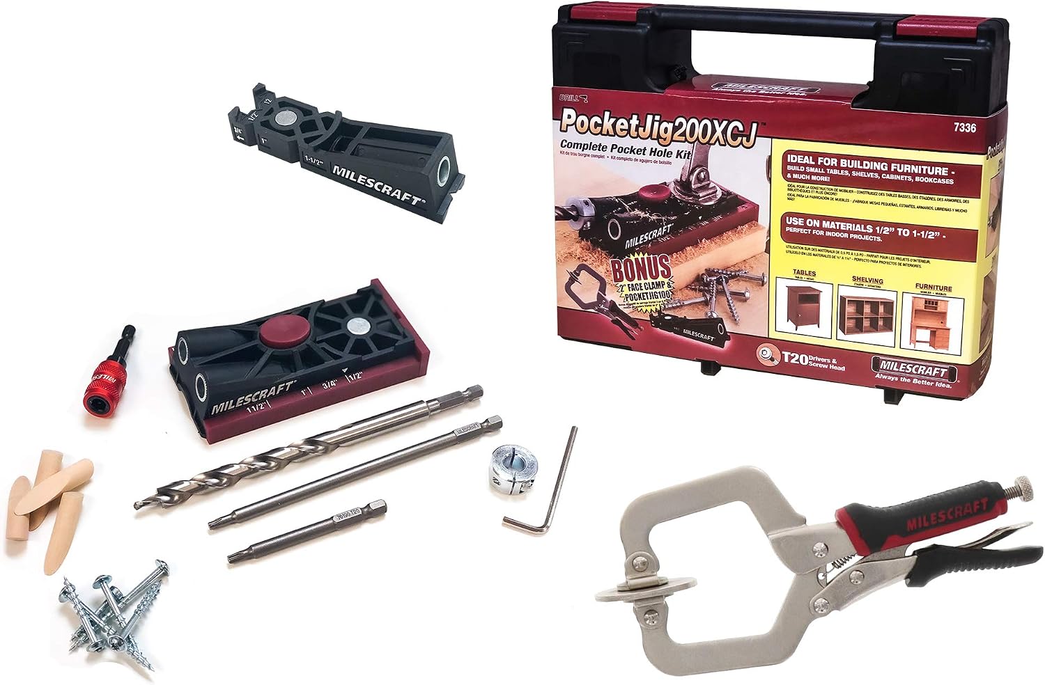 Pocket Jig 200XCJ - Woodworking Tool Bundle with Double Barrel & Single Barrel Pocket Hole Jigs, 2" Face Clamp