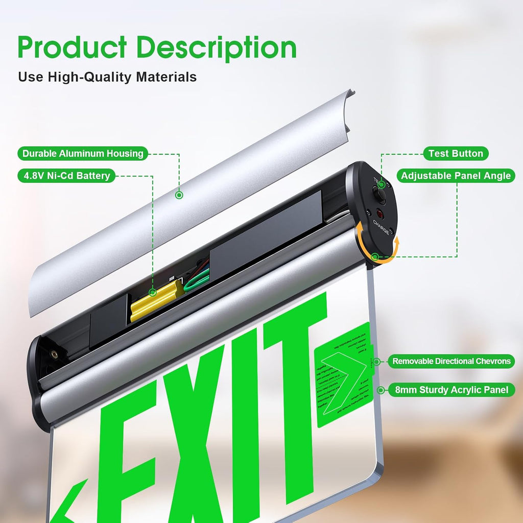 Led Edge-Lit Exit Sign ,Brushed Aluminum Housing Single-Sided Clear Rotating Acrylic Panel,Hardwired Emergency Exit