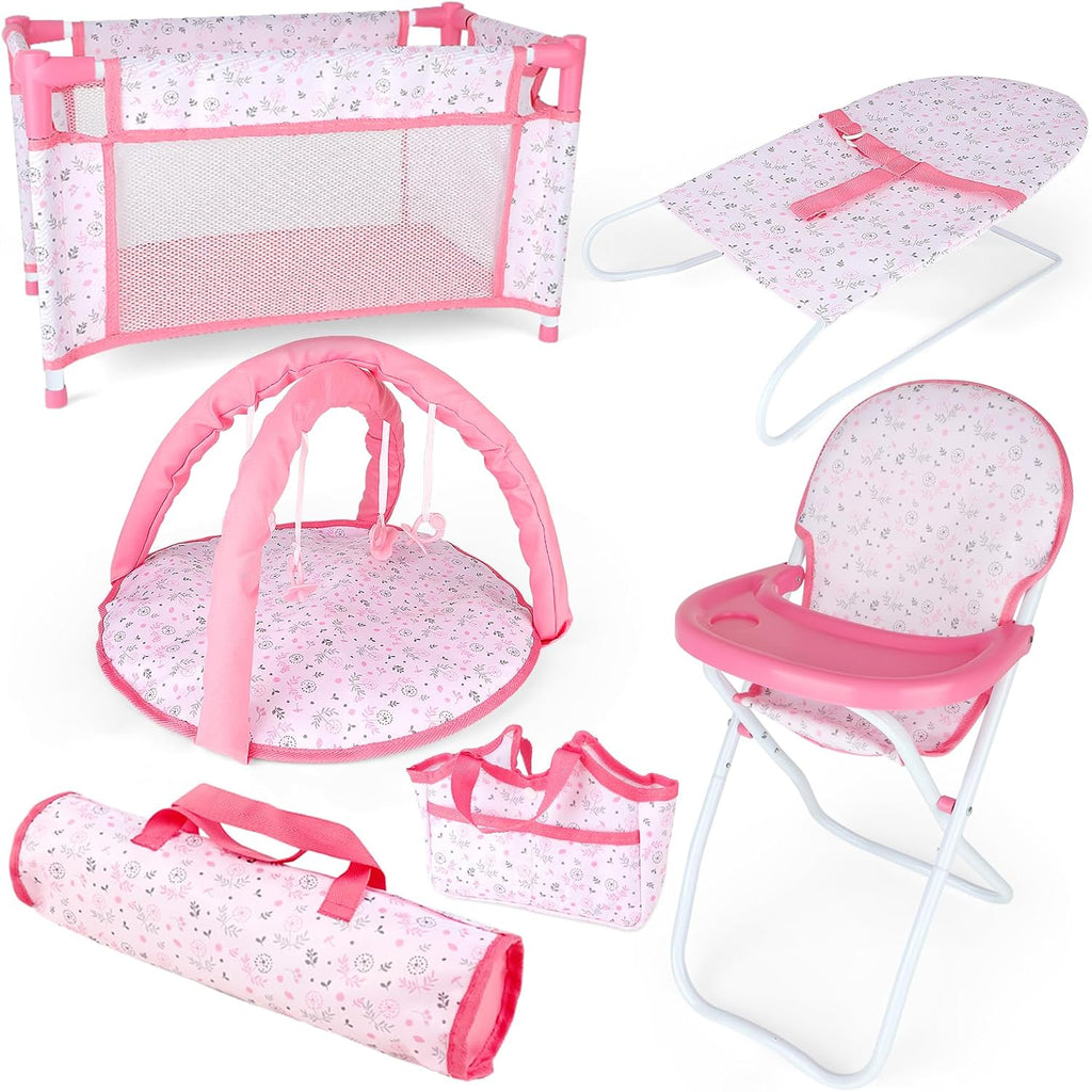 Baby Doll Accessories12-14 Doll Playset with High Chair Crib Bed Play Mat Storage Bag Handbag - 6 in 1 Pink Dolls