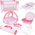 Baby Doll Accessories12-14 Doll Playset with High Chair Crib Bed Play Mat Storage Bag Handbag - 6 in 1 Pink Dolls