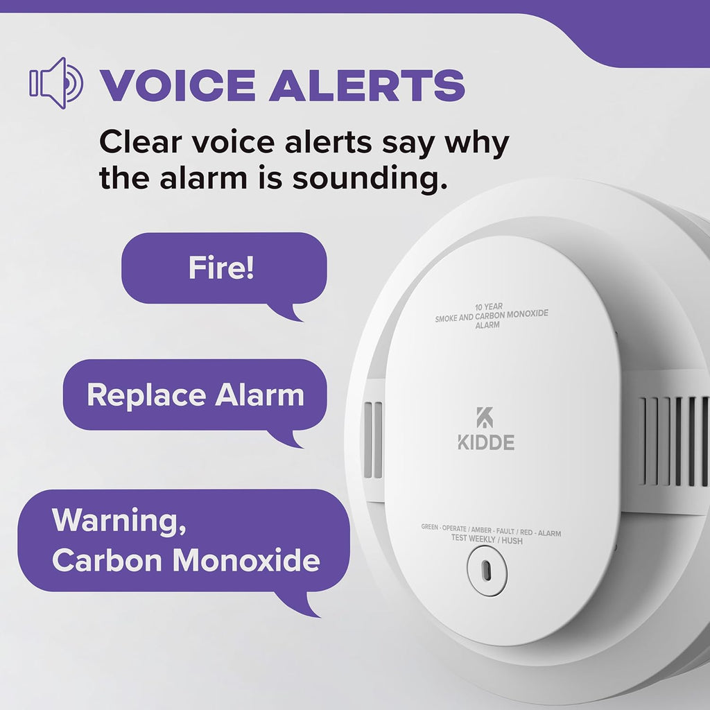 Smoke & Carbon Monoxide Detector, 10-Year Battery Powered, Voice Alerts, LED Warning Light Indicators, 2 Pack