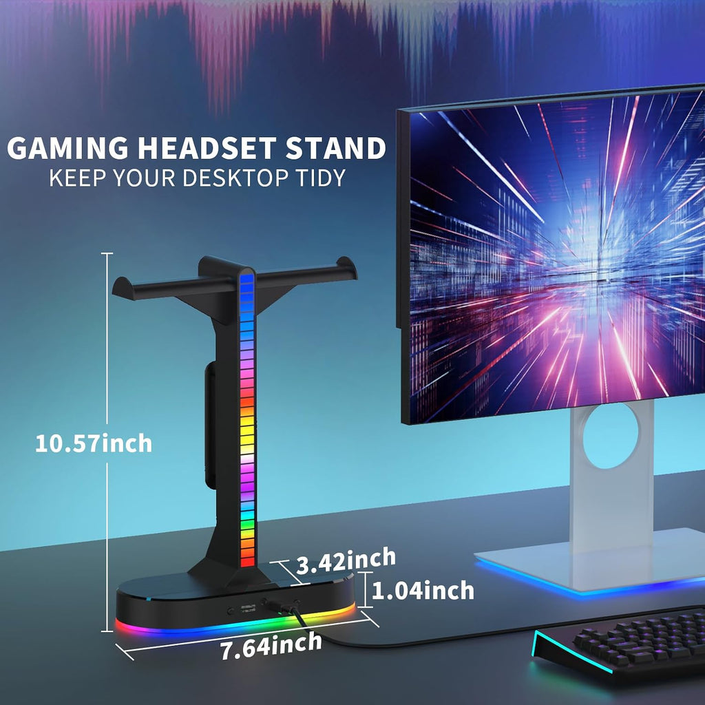 RGB Headphone Stand - Dual Gaming Headset Holder with 3 USB Charging Station and 3.5mm Audio Port,8 Light Modes