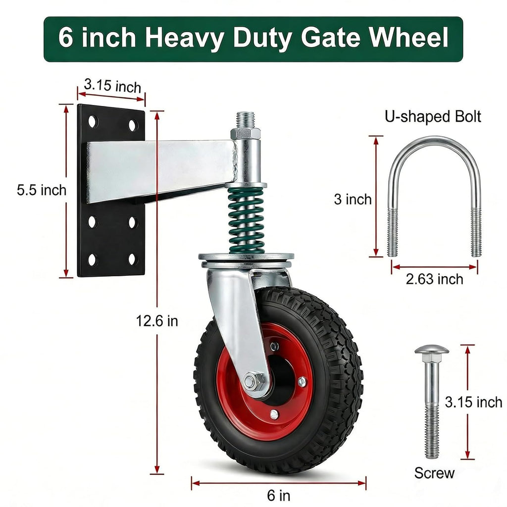 6 Inch Heavy Duty Gate Wheel, 360° Swivel Spring Loaded 600LB Capacity Gate