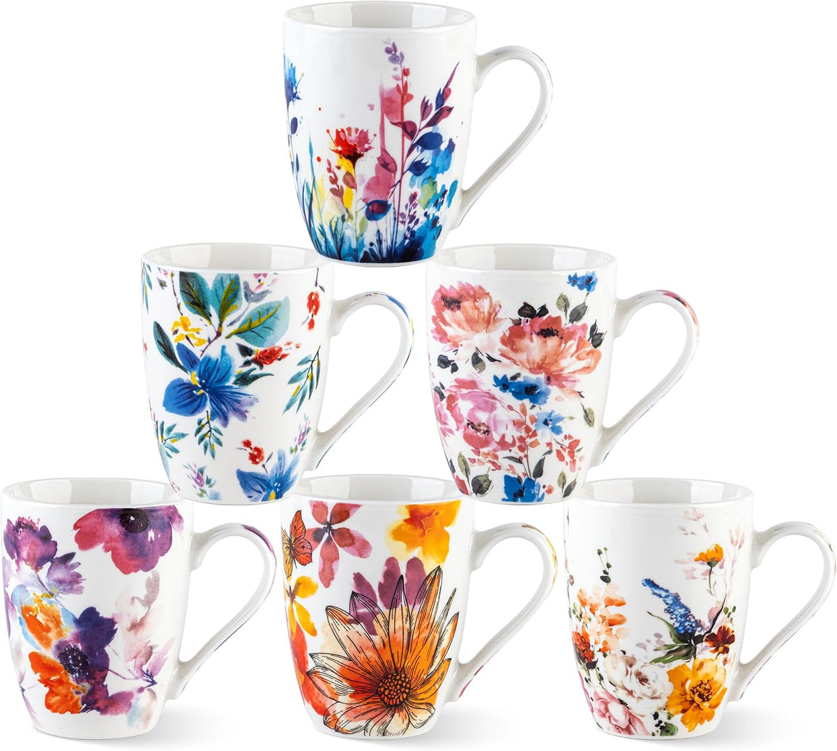 Floral Coffee Mugs Set of 6, 12 oz Ceramic Coffee Cups Set