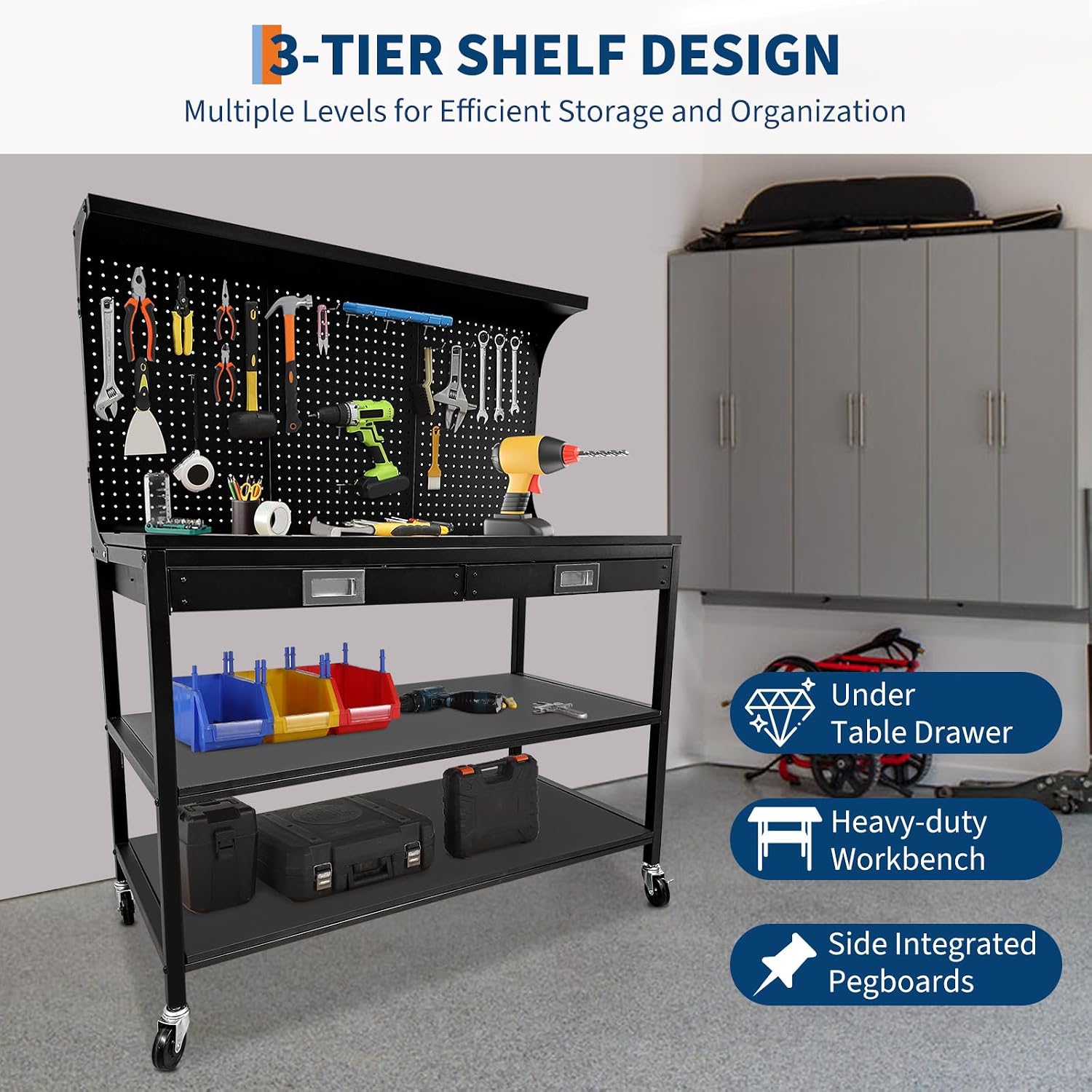 48 Inch Workbench with Drawers, Pegboard & Storage– 3-Tier Garage Work Table with 2 Drawers, 2 Open Shelves & 35