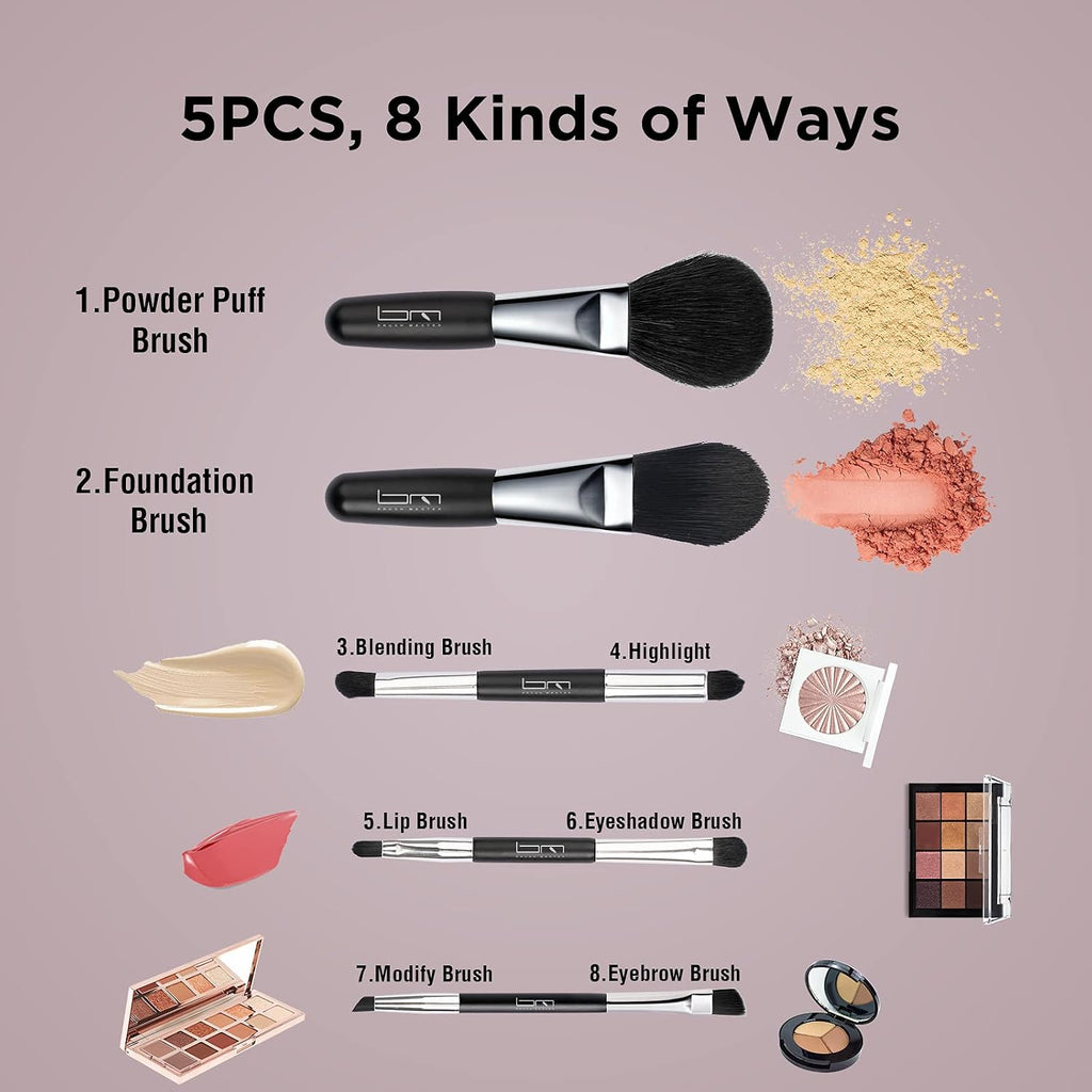 Mini Travel Makeup Brushes Set, 5Pcs Double Ended Portable Cosmetic Brushes Kit with Storage Pouch for Foundation