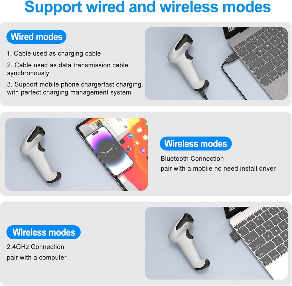 Bluetooth 2D Barcode Scanner 3-in-1 Wireless & USB Wired & Bluetooth Barcode Reader Scanner 1D 2D QR Code Scanner
