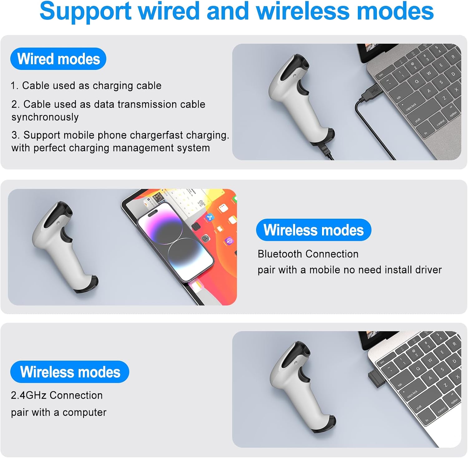 Bluetooth 2D Barcode Scanner 3-in-1 Wireless & USB Wired & Bluetooth Barcode Reader Scanner 1D 2D QR Code Scanner