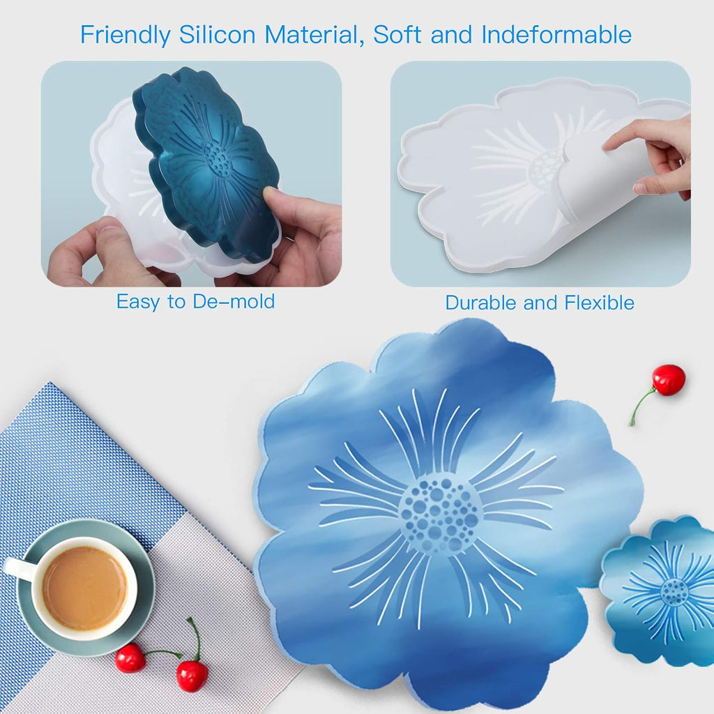 Silicone Resin Molds, 1PCS Large Resin Tray Mold and 5PCS Coaster Molds for Resin Casting, Flower Shape Epoxy Resins