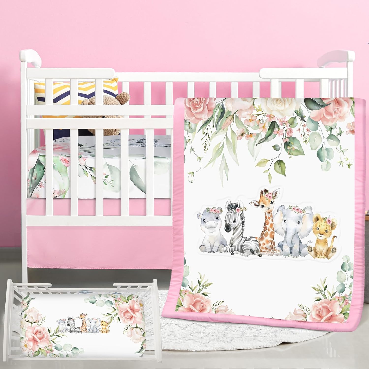 3 Pcs Baby Crib Bedding Set Safari Animals Dinosaurs Bear Woodland Animals Jungle Crib Set Includes Quilt, Fitted