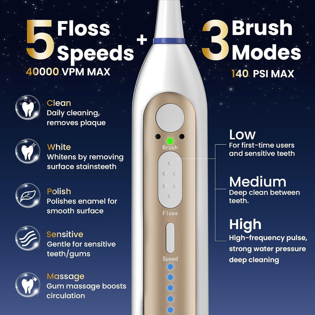 3-in-1 Electric Toothbrush with Water Flosser, Upgraded Flossing Toothbrush with 5 Speeds & 3 Modes, 30 Days/Charge