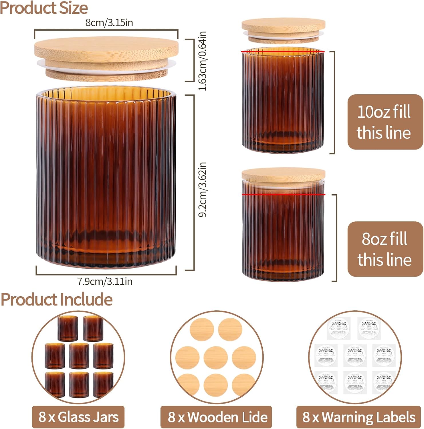Amber Candle Jars with Lids, 8-Pack 12oz Ribbed Glass Candle Containers | Versatile decorative holder set, ideal for