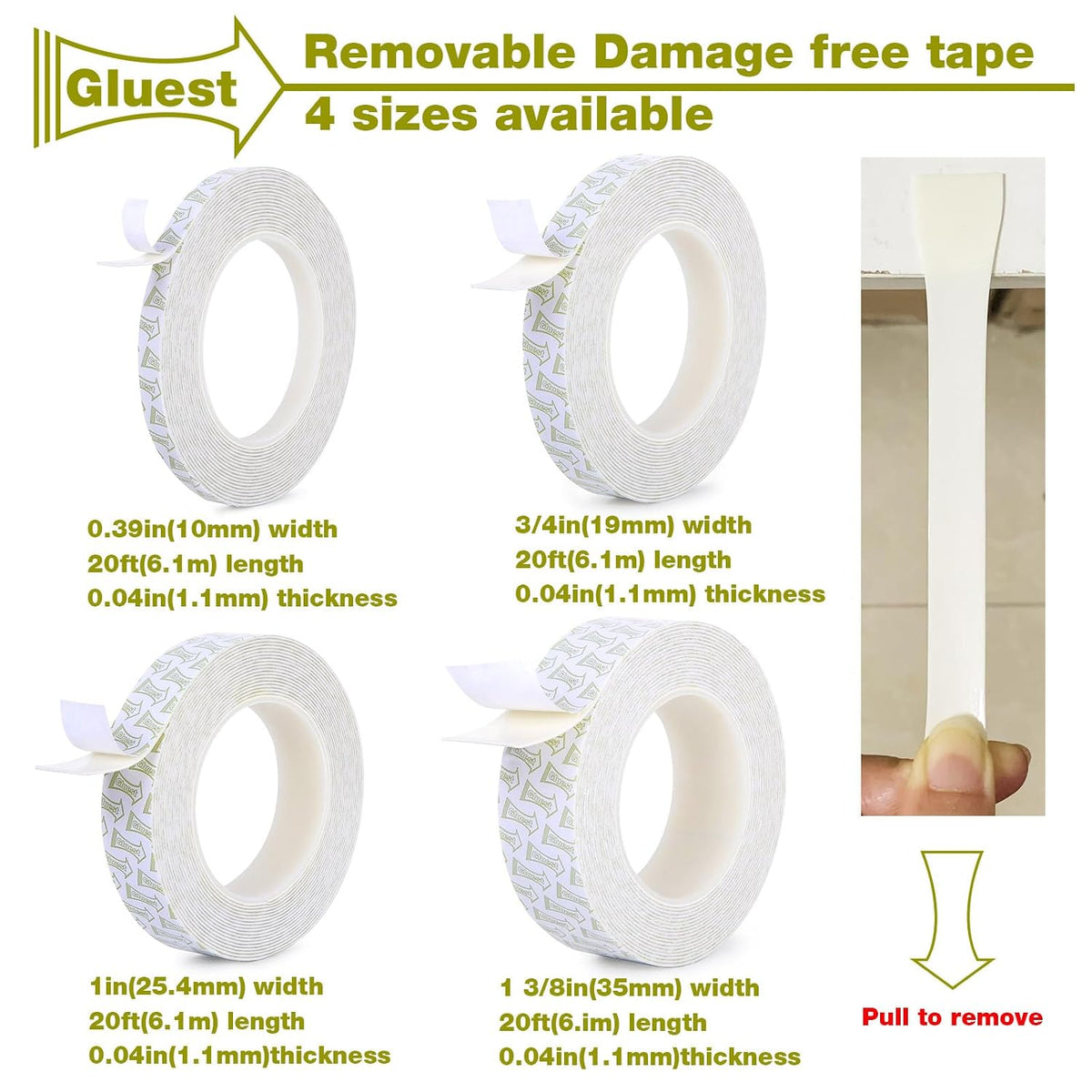 Heavy‑Duty Removable Foam Mounting Tape, Damage‑Free & Residue‑Free for Poster, Rug & Craft Decor, 3/4in×20ft