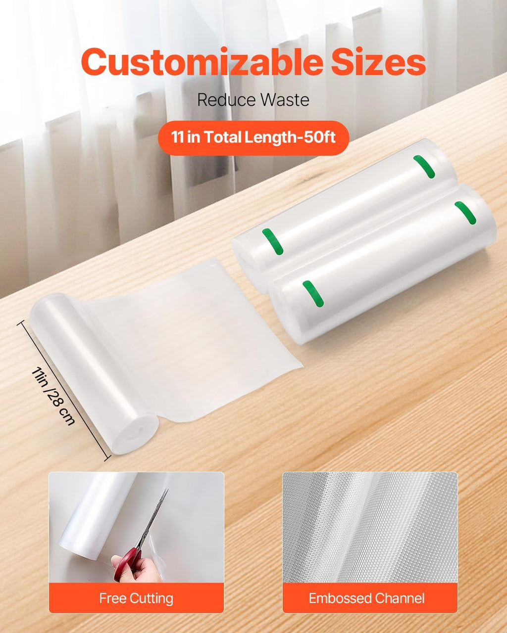 Vacuum Sealer Bags, 2 Rolls 11 In x 50 Ft, Non-BPA Food Grade Seal A Meal Bags, Customizable Freezer-friendly Vac