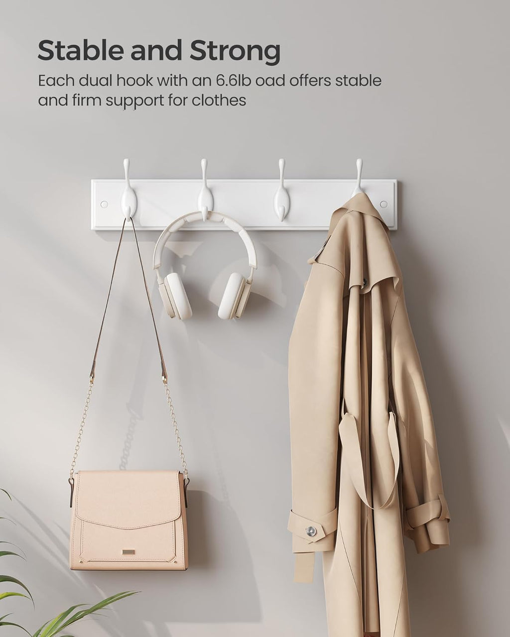 Wall-Mounted Coat Rack, Hook Rack, 4 Dual Metal Hooks