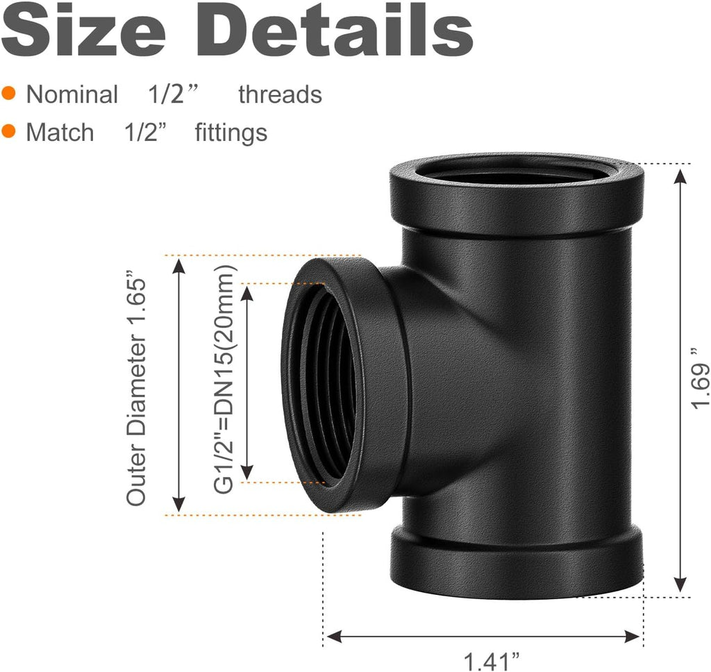 Malleable Nipples Fitting,Pipe Tees,Black,1/2",2-Pack.