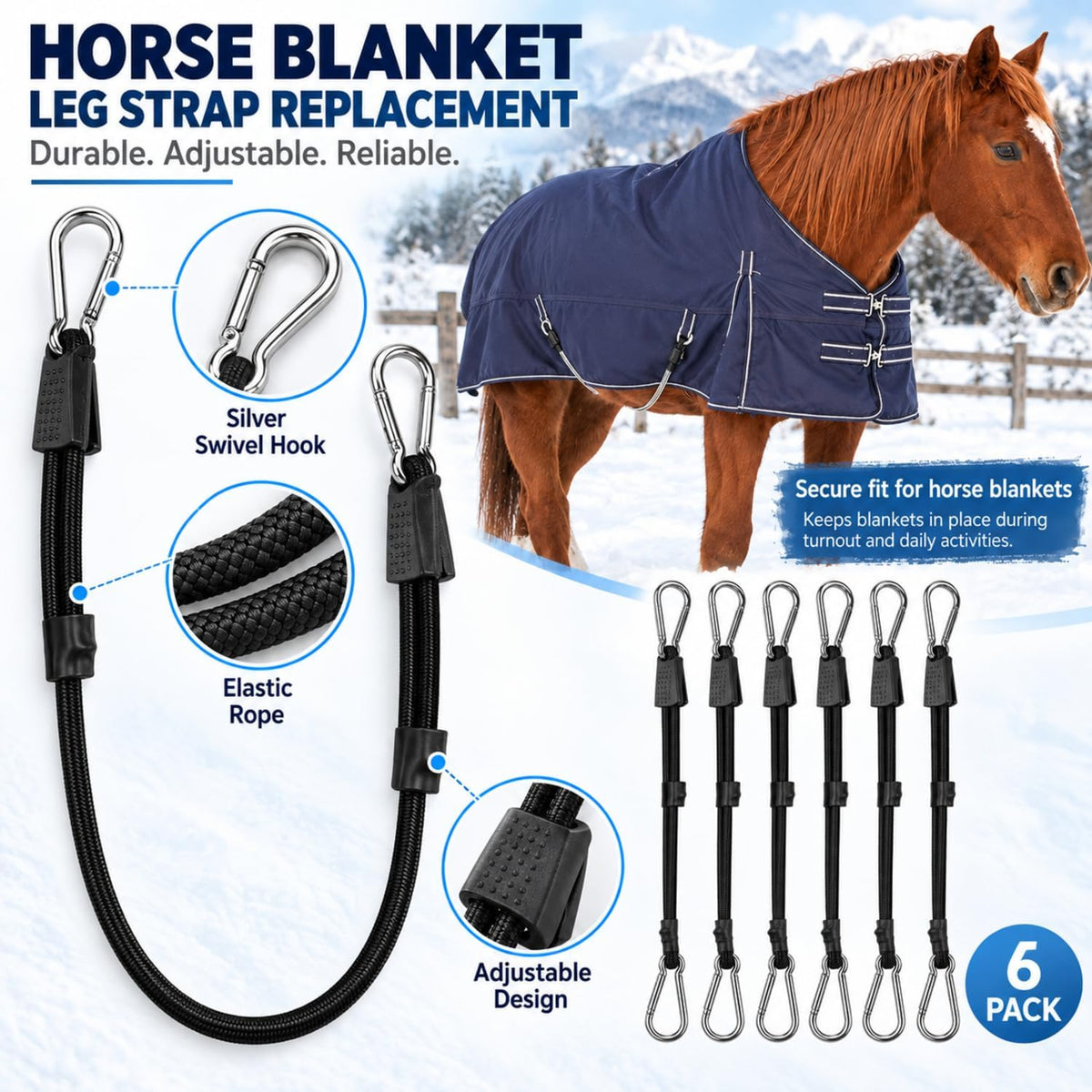 6 Adjustable Elastic Horse Blanket Leg Straps 20" Double End Clips