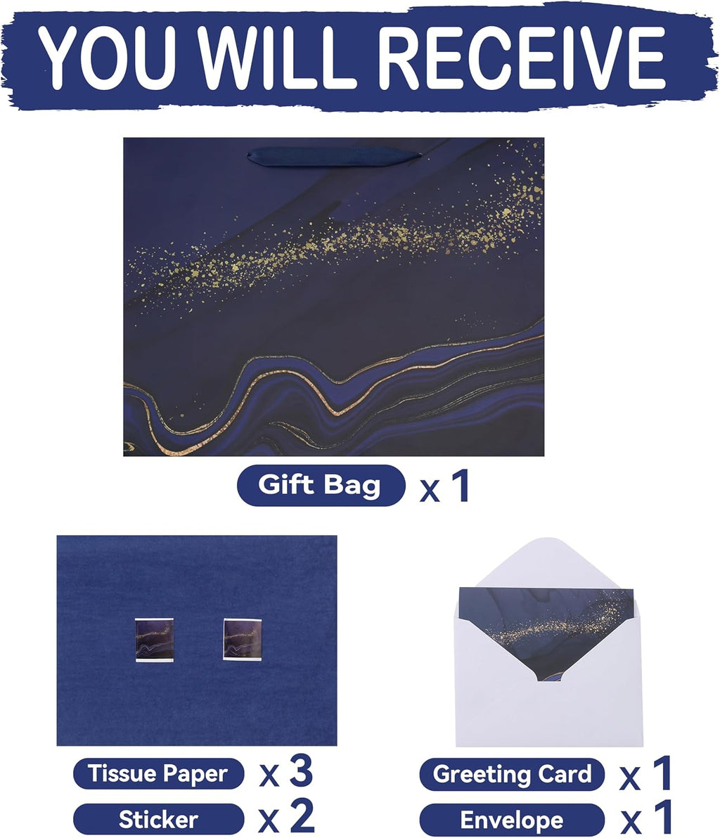 16.5'' Extra Large Blue Marble Gift Bag Set with Handles, Greeting Card, Tissue Papers and Stickers for Men Boys Kids