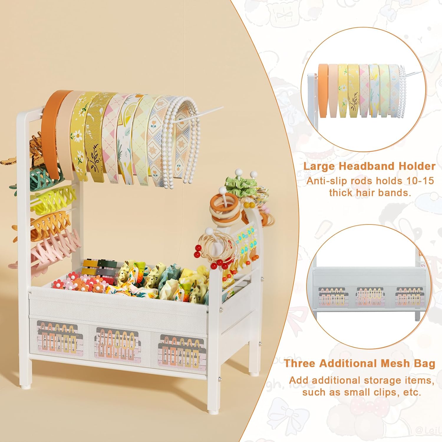Headband Holder Organizer, Hair Tie Holder Rack for Girls and Women White | Versatile Hair Accessory Organizer for