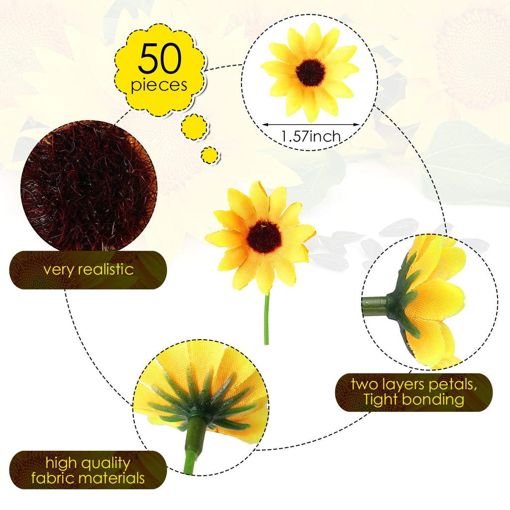 50pcs Artificial Sunflower Heads with Stems, 1.5 in Fake Sunflower