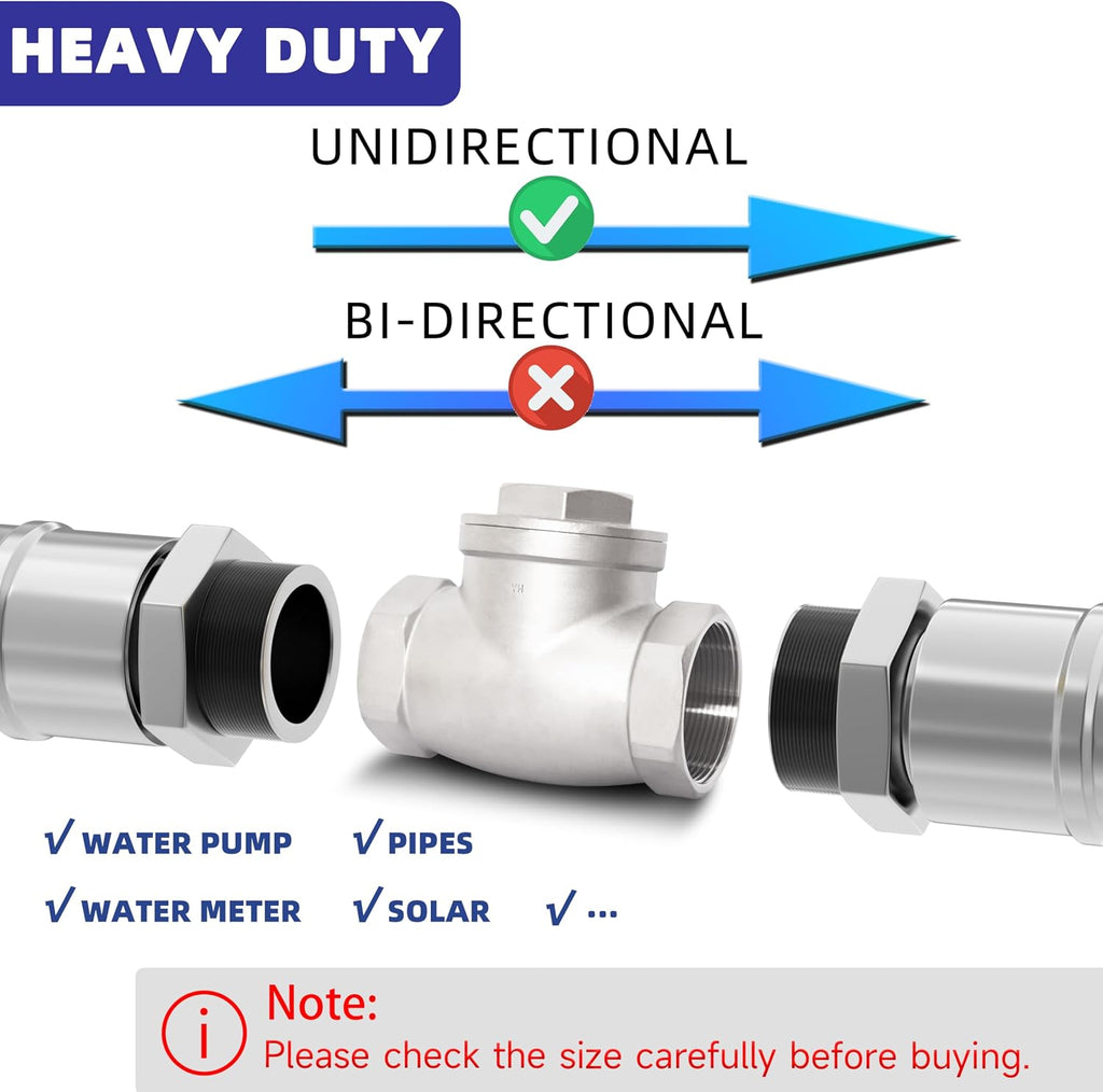 1/2" NPT Horizontal Swing Check Valve, Stainless Steel, Female Thread, DN15