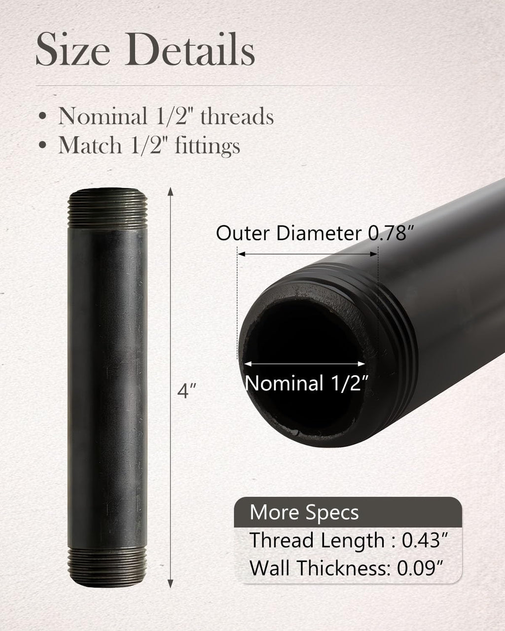 10 Pack 1/2 x 4 Inch Black Pipe Malleable Steel Nipples Fitting