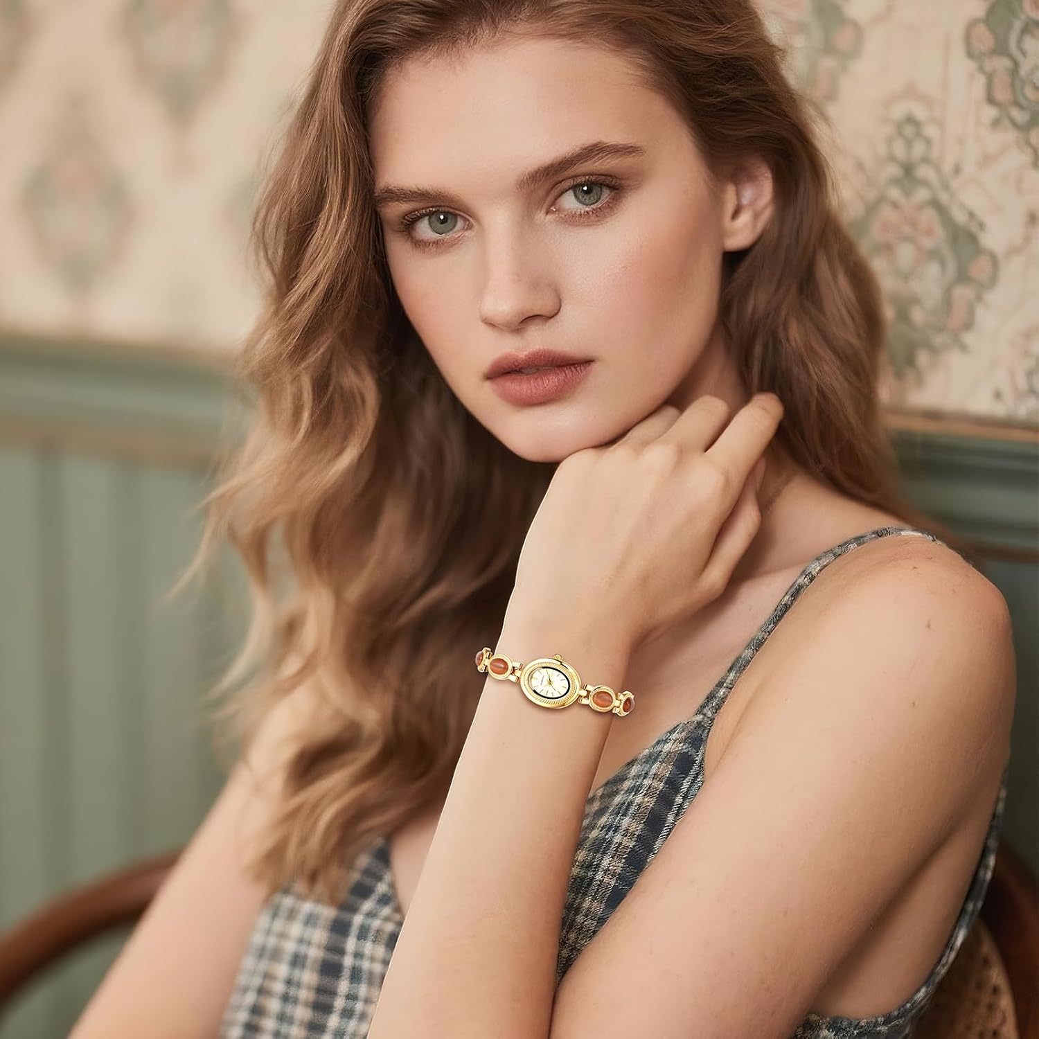 Women's Oval Bracelet Watch: Detachable Strap with Quartz Cat's Eye Stone Vintage Gold Watches Small Dainty 3ATM