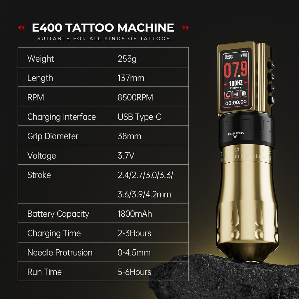 Wireless Tattoo Machine with 3600mAh Dual Batteries Adjustable 7 Strokes 2.4-4.2mm Rotary Pen LED Display Brushless