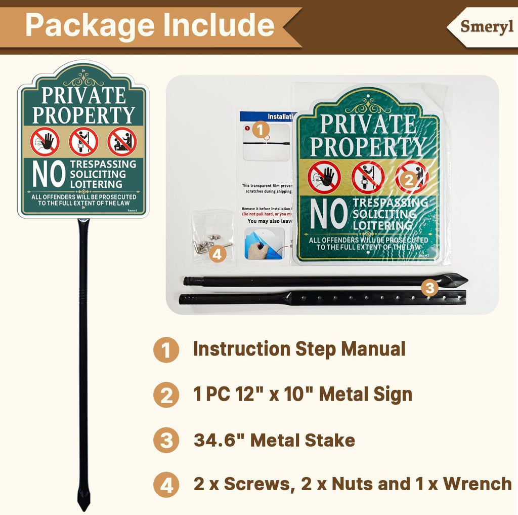 Private Property No Trespassing Soliciting Loitering Sign for Yard | 12" x 10" No Soliciting Yard Sign With 34.6"