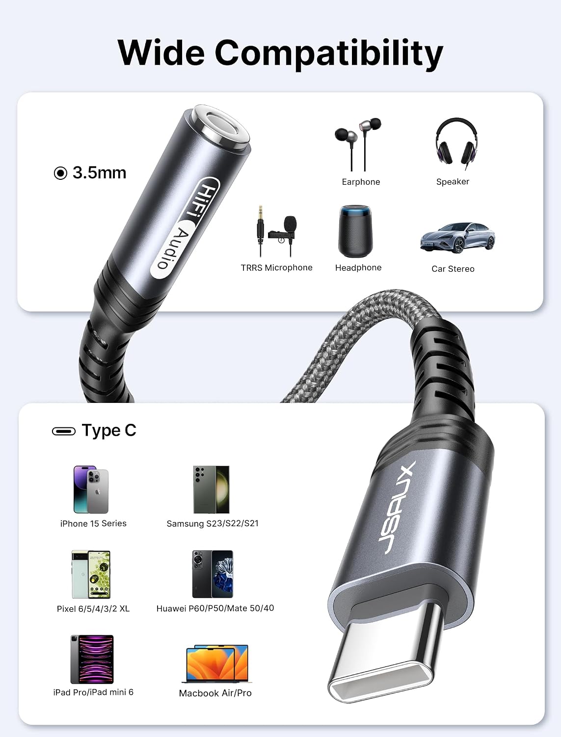 2-Pack USB C to 3.5mm AUX Audio Adapter for iPhone 17, Galaxy S25 | 2-Pack Smart DAC gives clear 16Bit/48kHz audio;