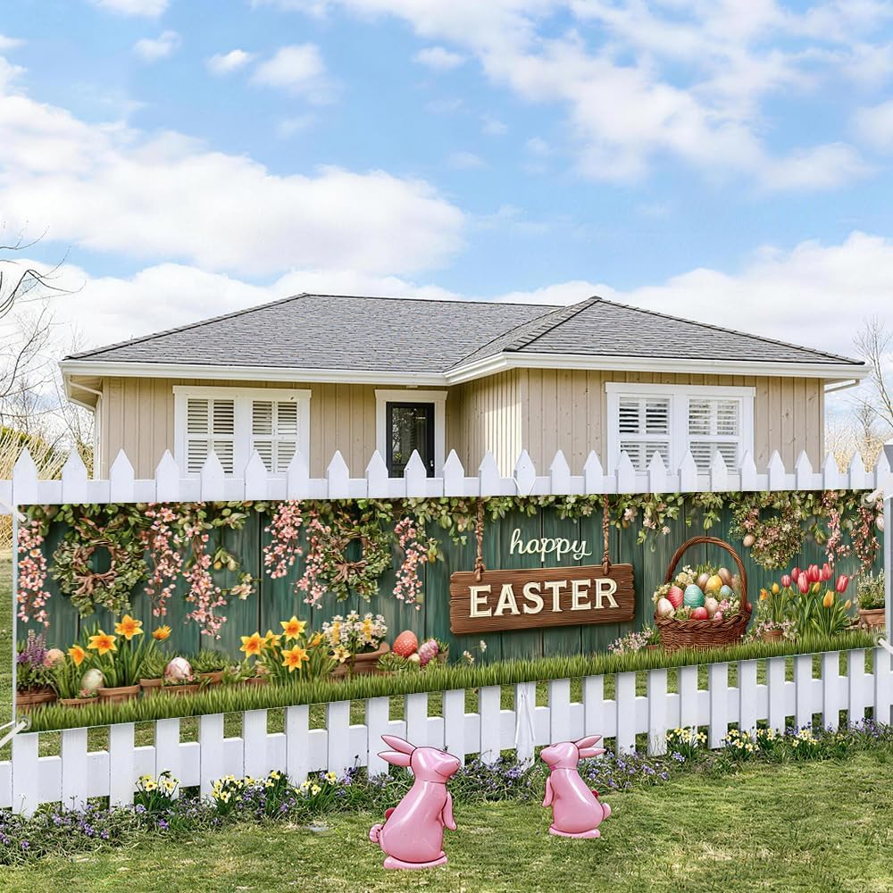 Easter Banner 78.74 x 17.72 Inch Rustic Wood Background with Hanging Floral Garlands Spring Flowers Decorative Eggs