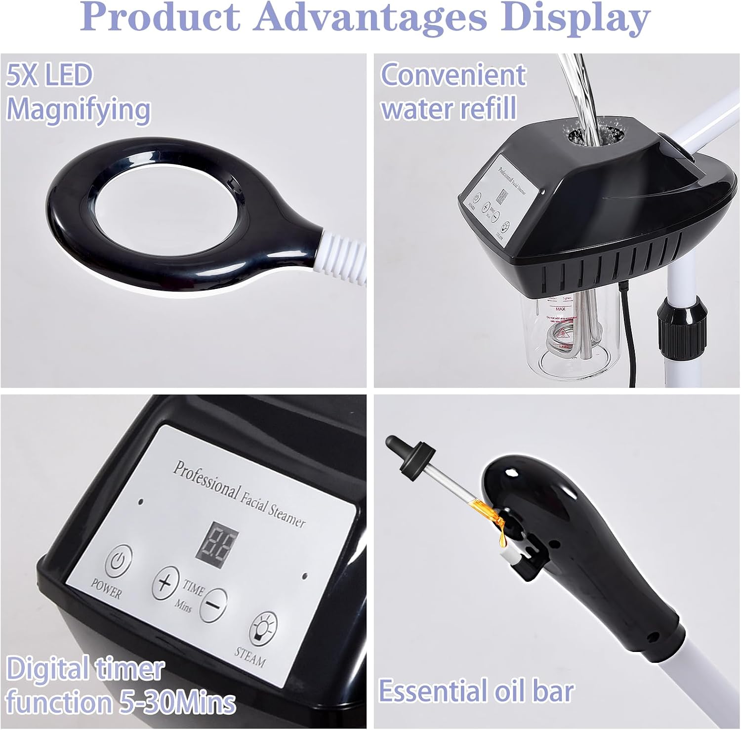 2 in 1 Professional Facial Steamer with 5X Magnifying Lamp | On Wheels, Time Settings, Face Steamer for Facial Deep