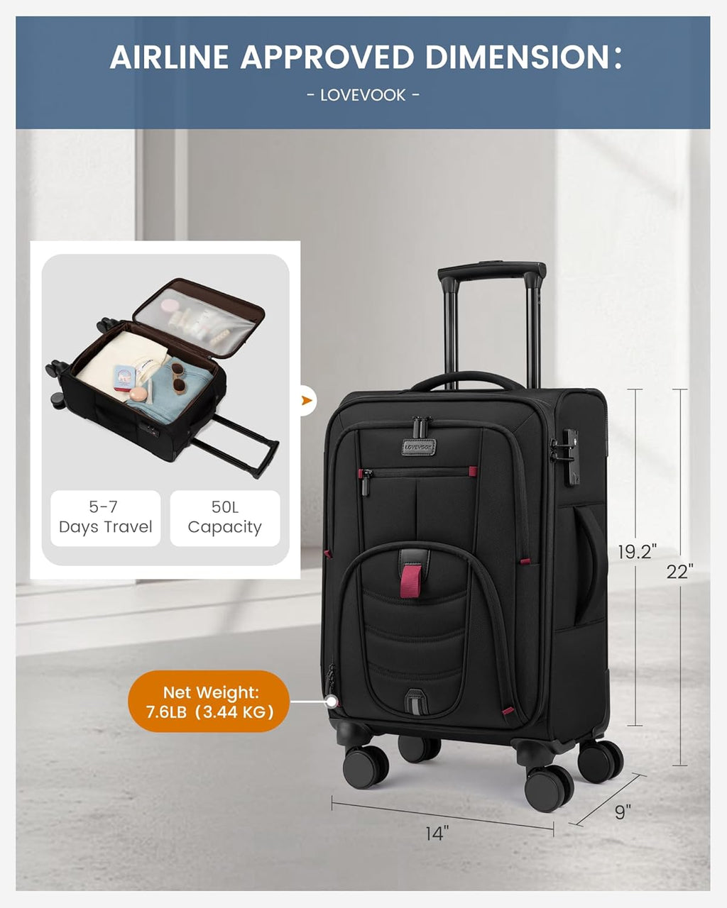 Carry On Luggage 22x14x9 Airline Approved, 22-Inch Suitcases with Spinner Wheels, Softside Carry-on Luggage with TSA