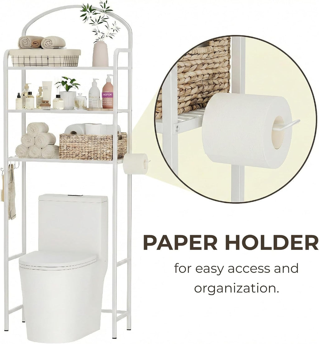 3 Tier Over The Toilet Storage Rack, Bathroom Organizer | Toilet Storage with 4 Hooks & Paper Holder, Space-Saving
