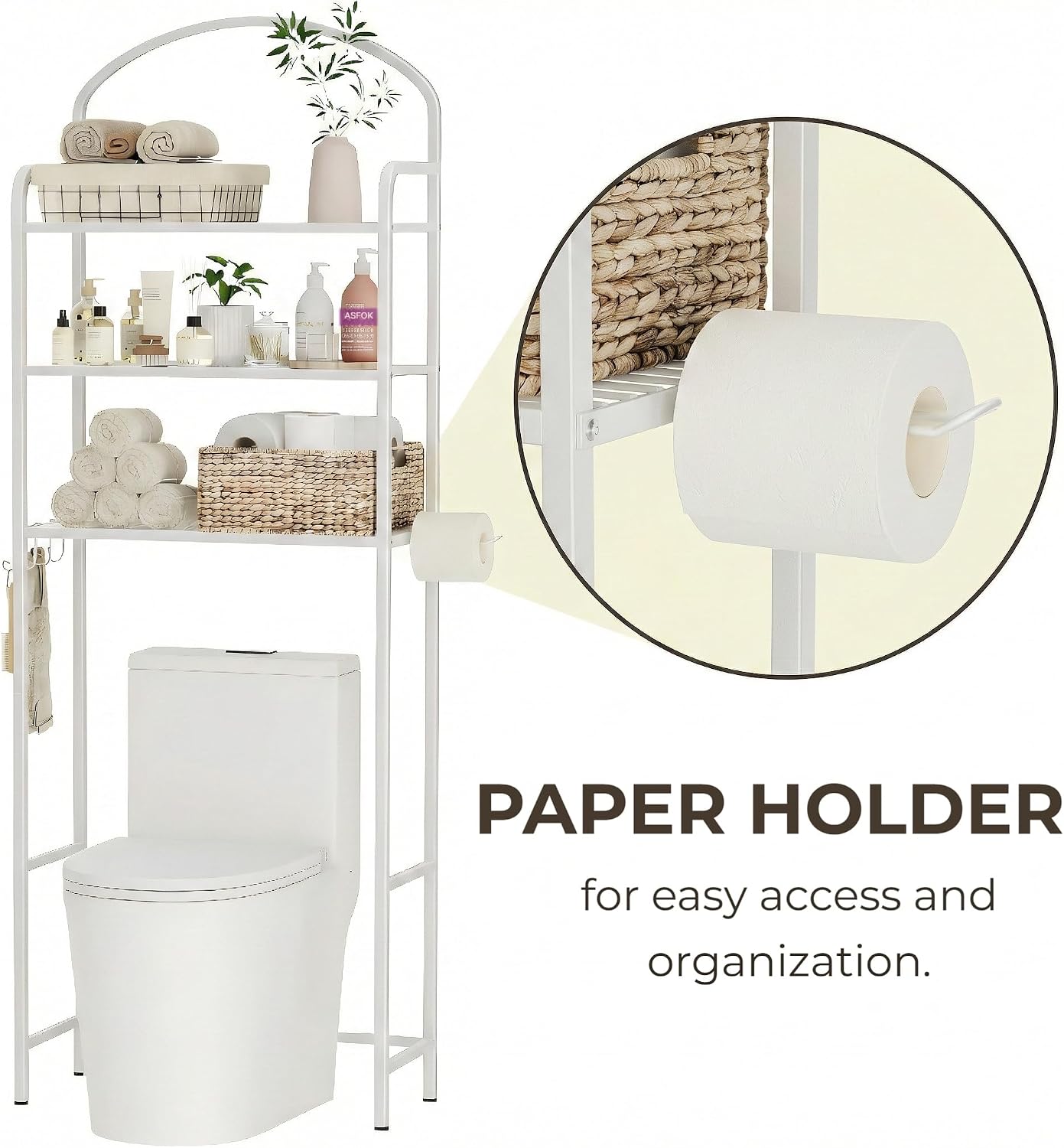 3 Tier Over The Toilet Storage Rack, Bathroom Organizer | Toilet Storage with 4 Hooks & Paper Holder, Space-Saving