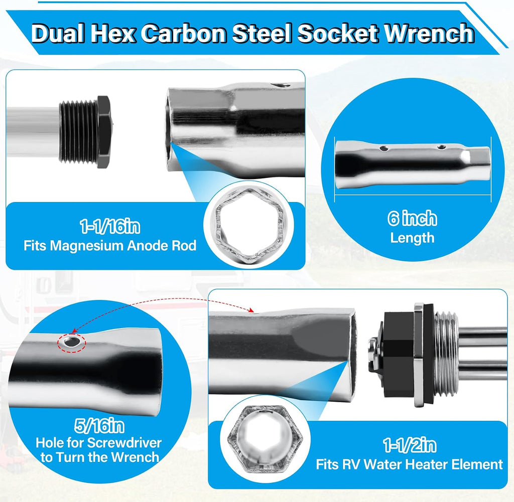 RV Water Heater Elements Kit Compatible with Suburban Water Heater Tanks, Include 9.25" Magnesium Anode Rod*1, 520900 Electric Water Heating Element*1, Dual Hex Wrench*1 and Tape*1 Replacement Parts