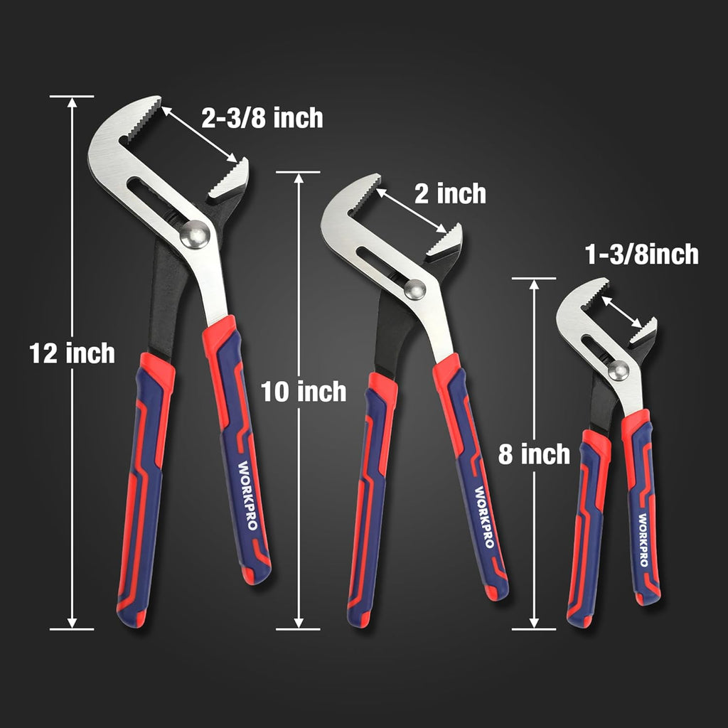 3 Piece Groove Joint Plier Set, 12/10/8 Inch Adjustable Water Pump Pliers, Straight Jaw Pliers for Home Repair