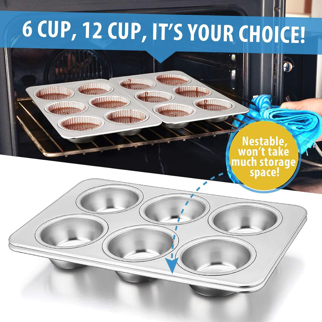 Stainless Steel Muffin Pan Set of 2, 6-Cup Cupcake Tin for Baking