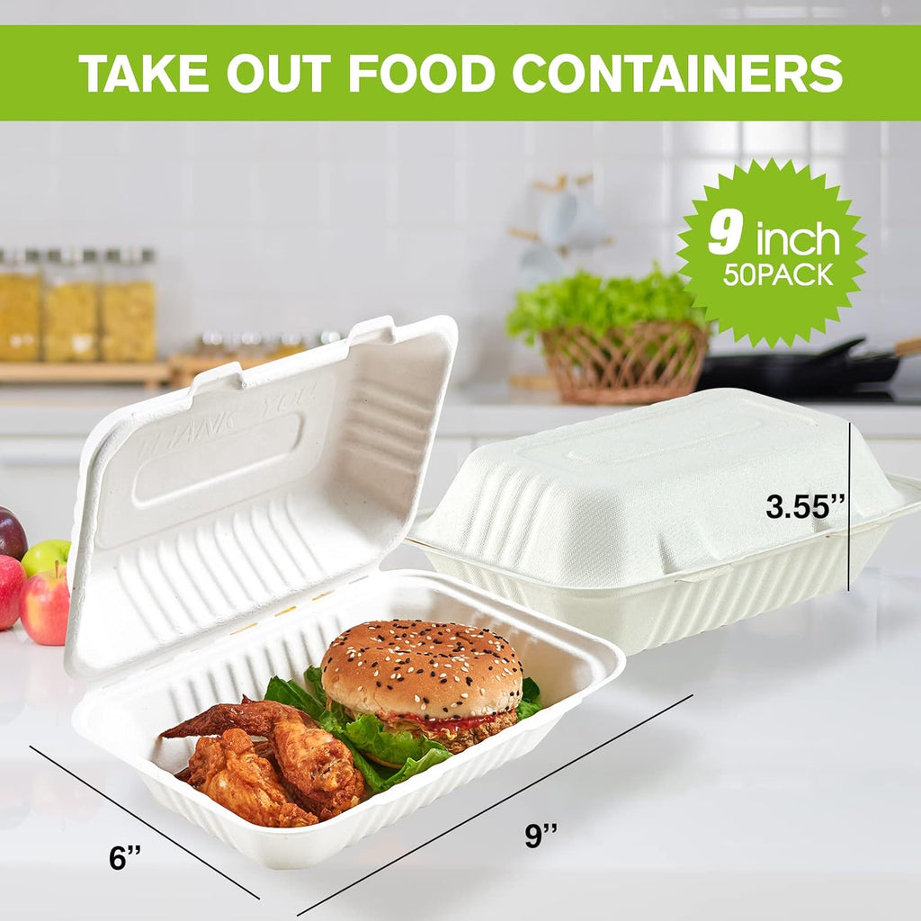 75 Pack Compostable Clamshell Take Out Food Containers, 9x6 inch