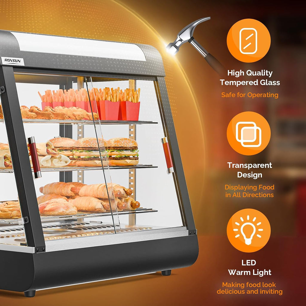 26" Commercial Food Warmer Display Pizza Warmer, 3-Tier Electric Countertop Food Warmer w/LED Lighting, Adjustable