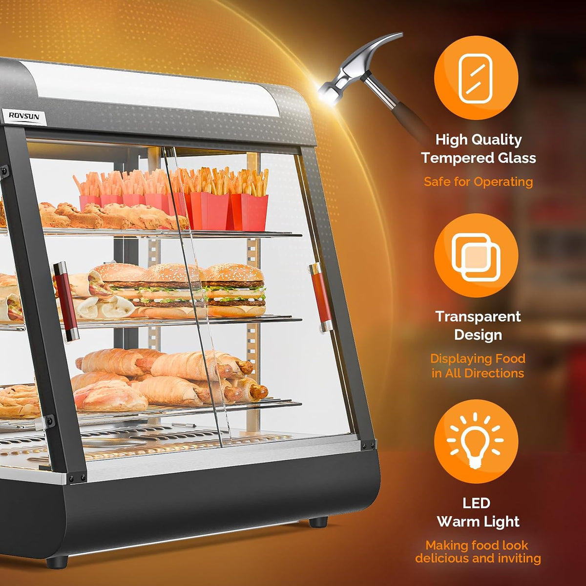 26" Commercial Food Warmer Display Pizza Warmer, 3-Tier Electric Countertop Food Warmer w/LED Lighting, Adjustable