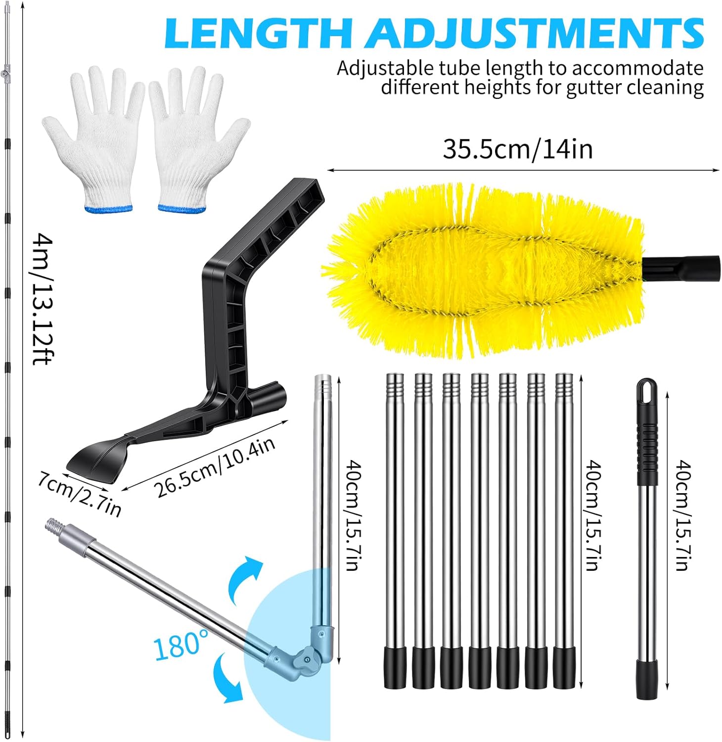 13FT Upgraded Gutter Cleaning Tools - Adjustable Long-Reach Rain Gutter Cleaning Brush, No Ladder Needed Removes Leaf